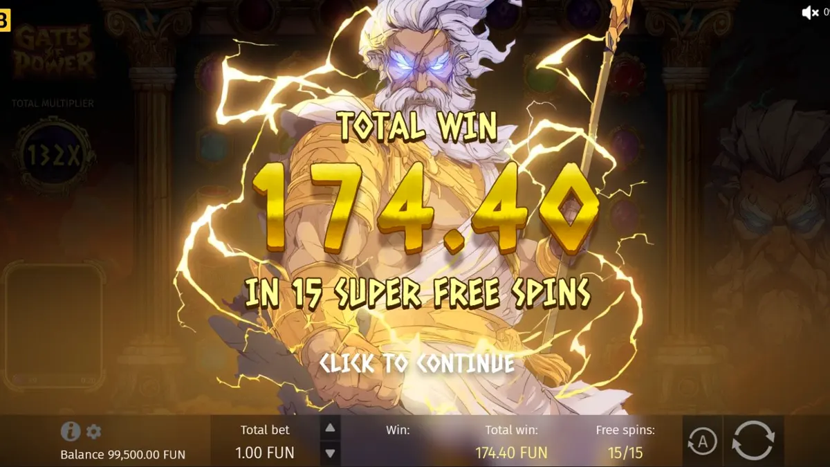 ภาพกราฟิกเทพเจ้าซุสและวงล้อสล็อตในเกม Gates of Power