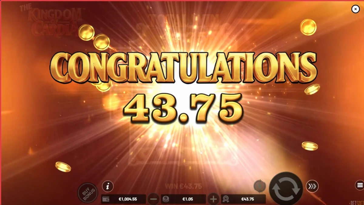 The Kingdom of Cardia slot game interface featuring fantasy garden and playing card symbols